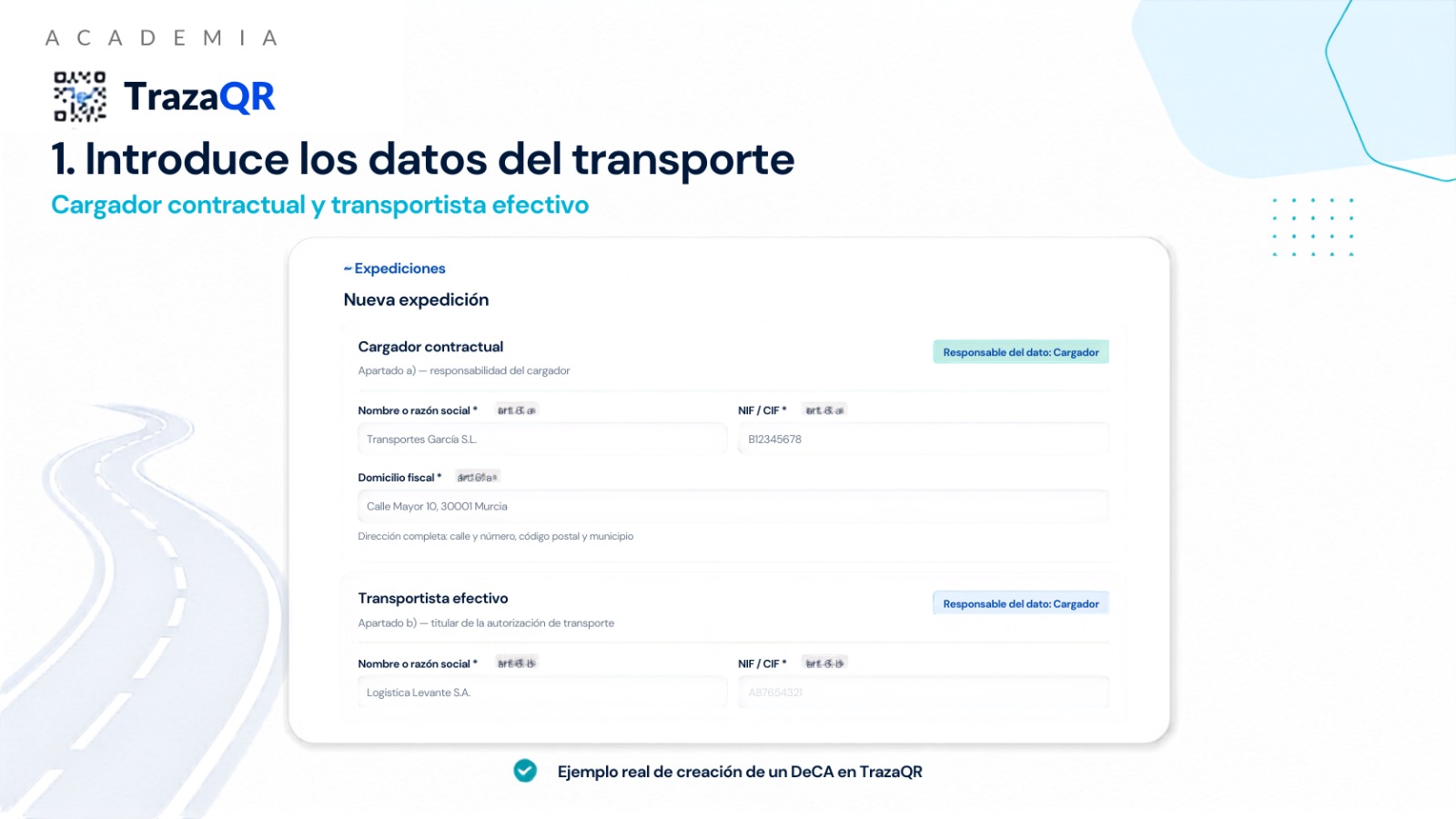 Introducción de los datos del cargador contractual y transportista efectivo para crear un DeCA en TrazaQR