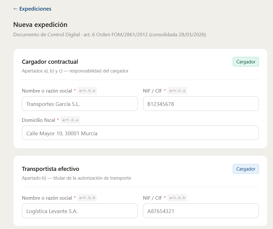 Formulario de nueva expedición - Cargador contractual