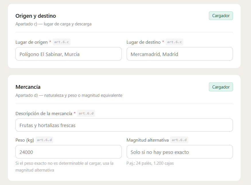 Formulario de nueva expedición - Origen y destino