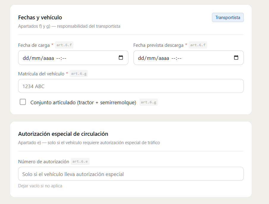 Formulario de nueva expedición - Fechas y vehículo