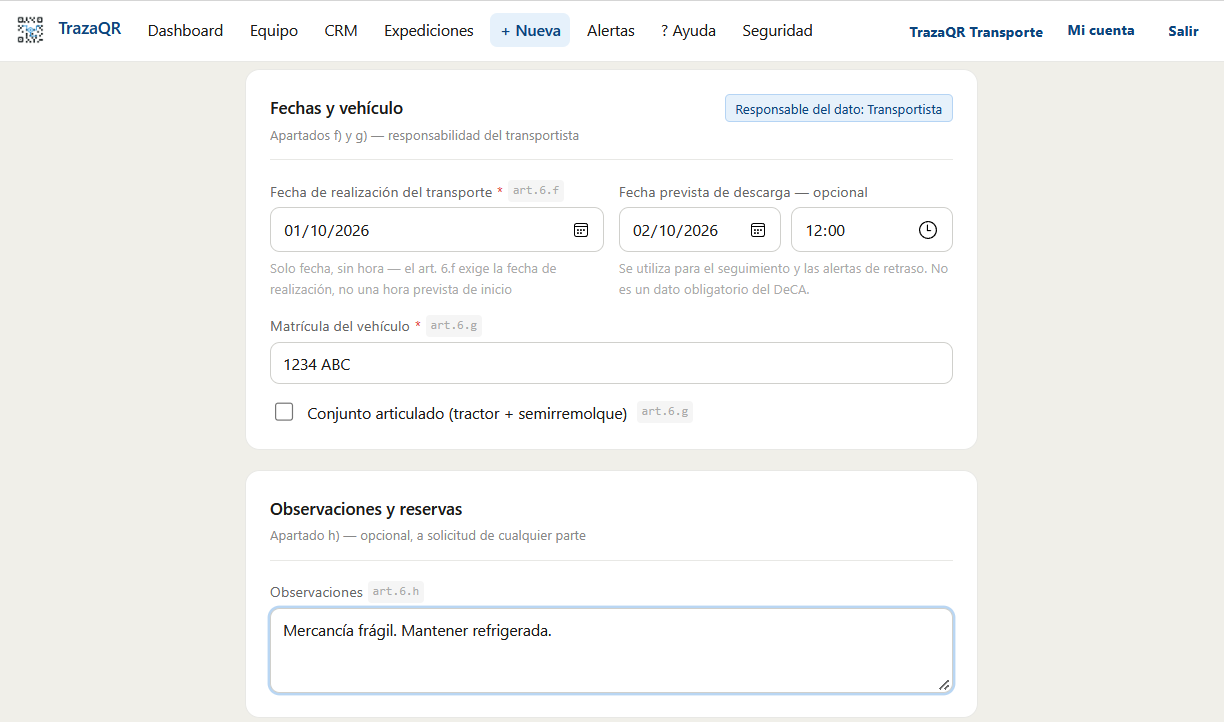 Formulario de nueva expedición: fechas, vehículo y observaciones