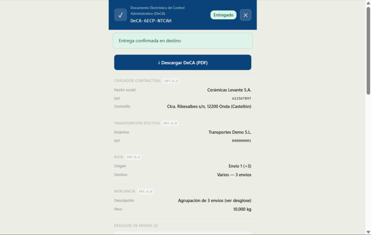 Confirmación de entrega en destino, documento en estado Entregado