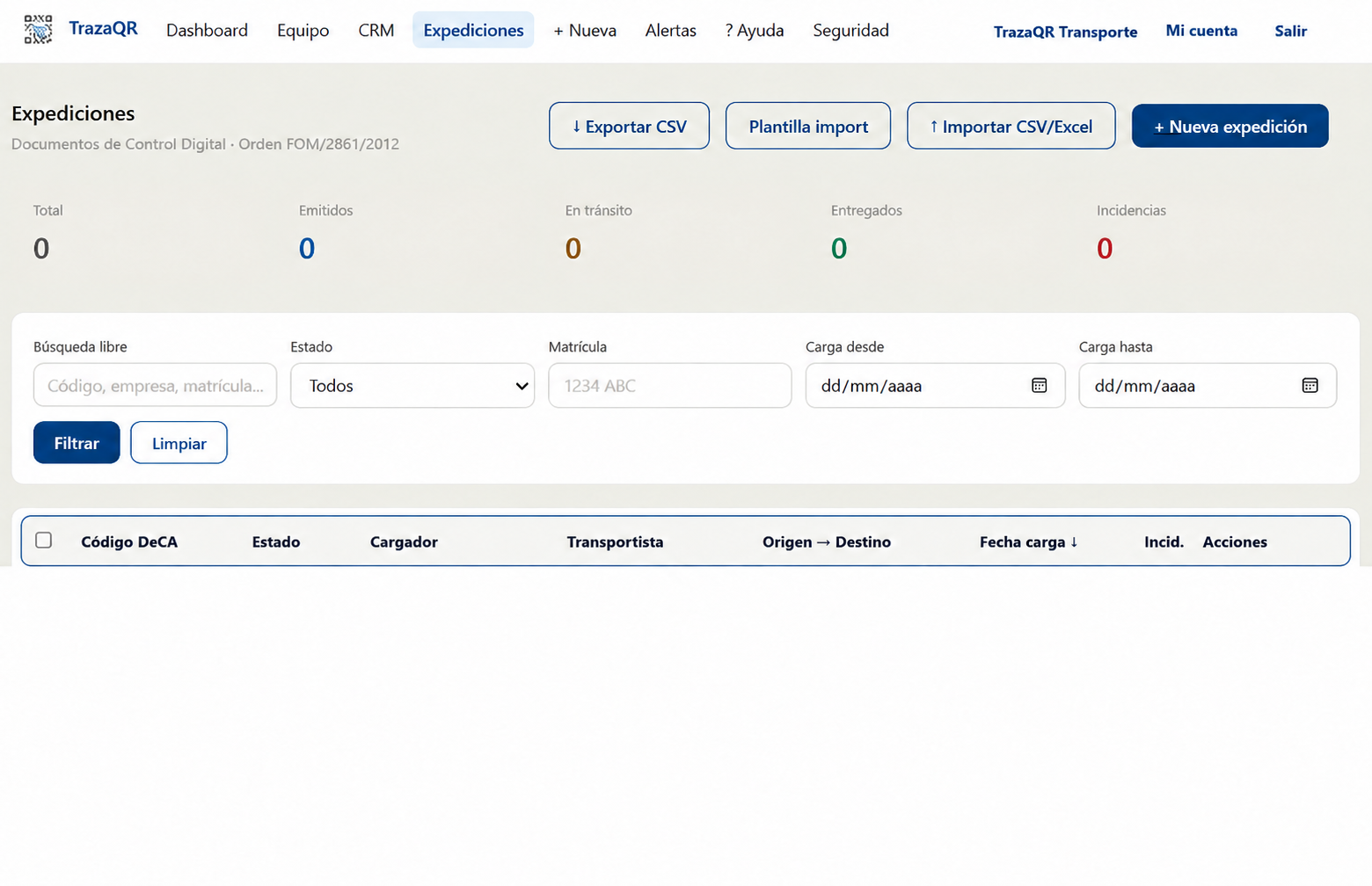 Panel de expediciones con métricas, filtros y cabecera de la tabla, sin datos de clientes
