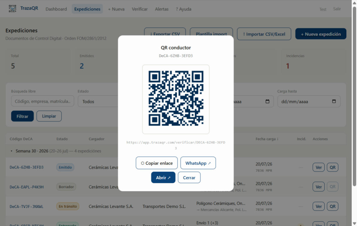 Modal QR conductor con los botones Copiar enlace, WhatsApp y Abrir