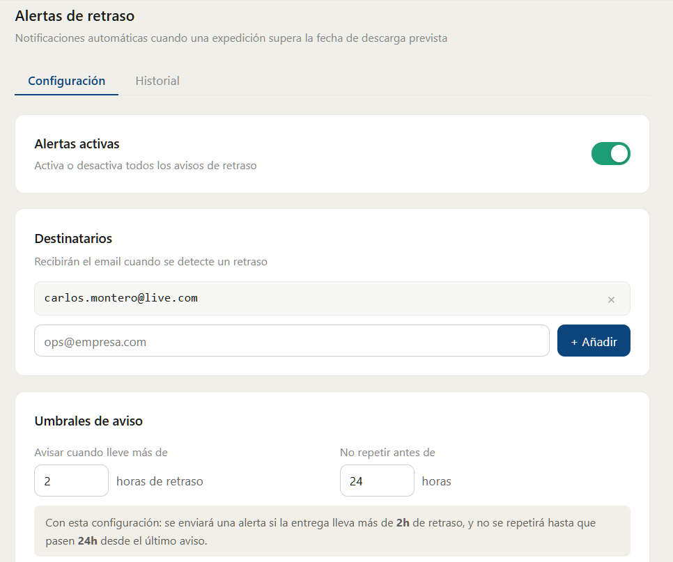 Panel de configuración de alertas